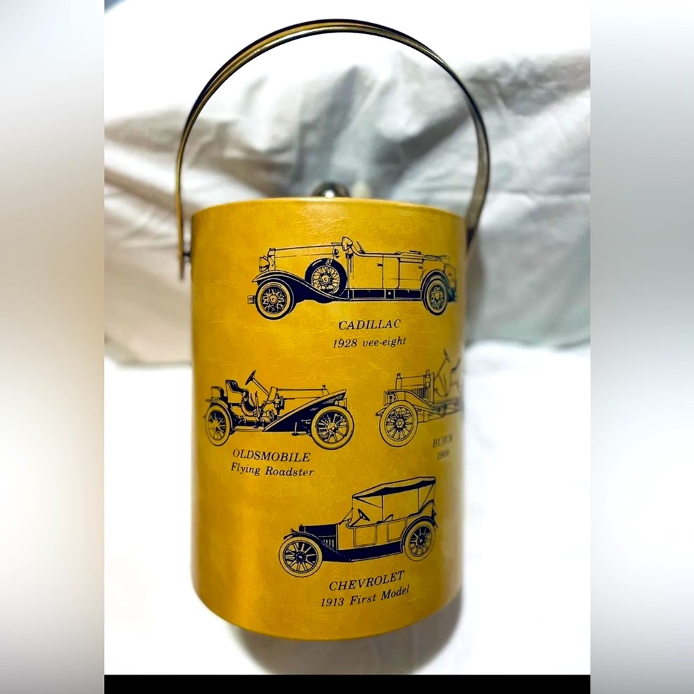 Vintage Tan Vinyl Ice Bucket Antique 1900s Automobile Design 11" x 7.5"